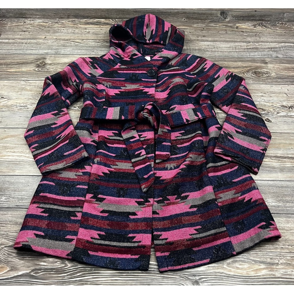 Tabitha Womens Coat Multicolor S Aztec Belted Button Hoodie‎ Boho CottageCore